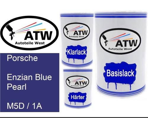 Porsche, Enzian Blue Pearl, M5D / 1A: 500ml Lackdose + 500ml Klarlack + 250ml Härter - Set, von ATW Autoteile West.